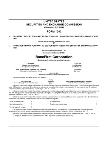 Thumbnail BancFirst 10-Q Quarterly Report FY 