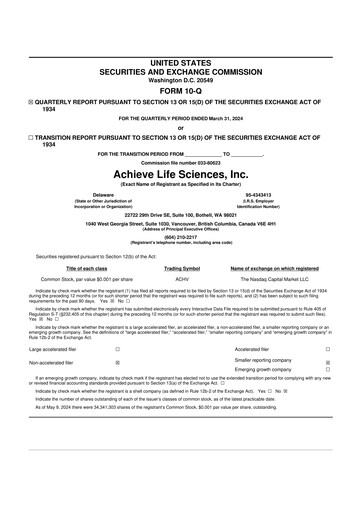 Thumbnail Achieve Life Sciences
 10-Q Quarterly Report FY2024 