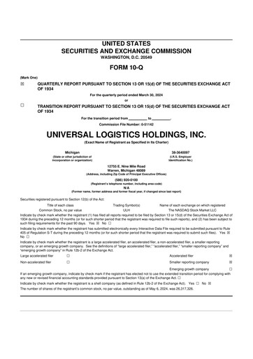 Thumbnail Universal Logistics Holdings 10-Q Quarterly Report FY2024 