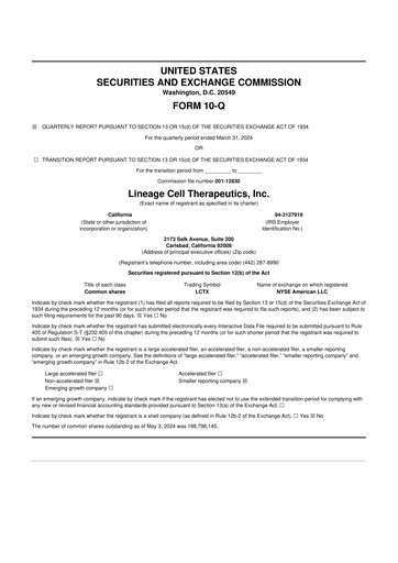 Thumbnail Lineage Cell Therapeutics
 10-Q Quarterly Report FY2024 