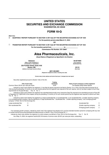 Miniature Atea Pharmaceuticals 10-Q Rapport trimestriel 2024 