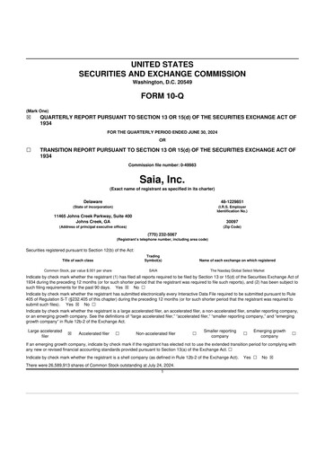 Thumbnail Saia
 10-Q Quarterly Report FY2024 