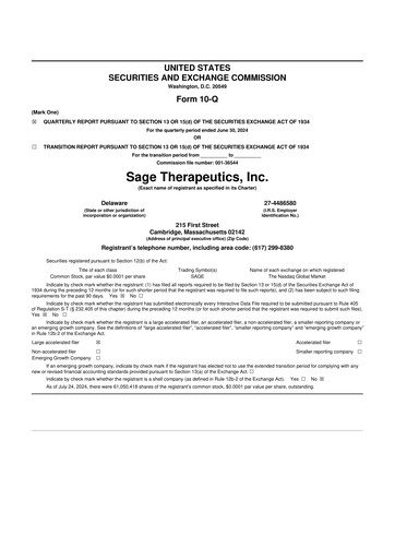 Thumbnail Sage Therapeutics
 10-Q Quarterly Report FY2024 