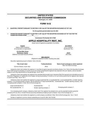 Thumbnail Apple Hospitality REIT
 10-Q Quarterly Report FY2024 