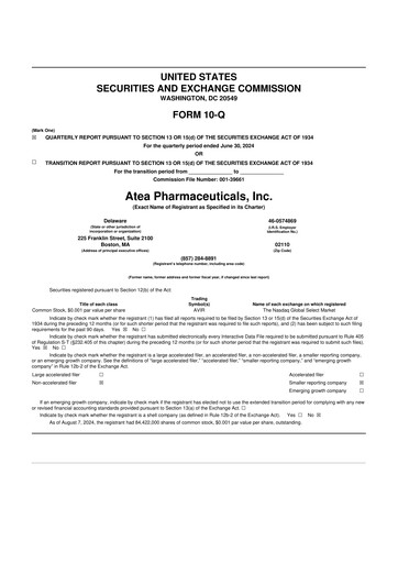 Miniature Atea Pharmaceuticals 10-Q Rapport trimestriel 2024 