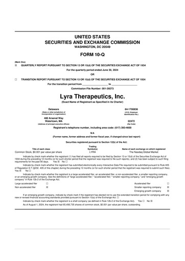 Miniature Lyra Therapeutics 10-Q Rapport trimestriel 2024 