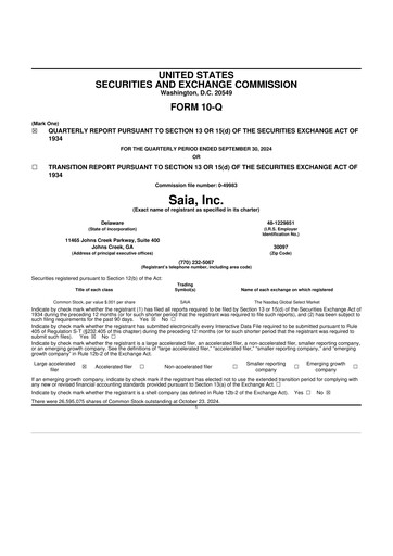 Thumbnail Saia
 10-Q Quarterly Report FY2024 