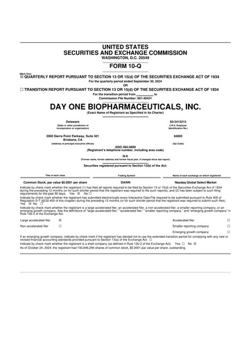 Vorschaubild Day One Biopharmaceuticals 10-Q Quartalsbericht 2024 