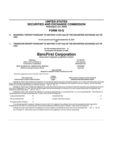 Thumbnail BancFirst 10-Q Quarterly Report FY 