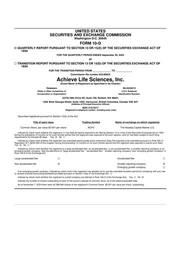 Thumbnail Achieve Life Sciences
 10-Q Quarterly Report FY2024 
