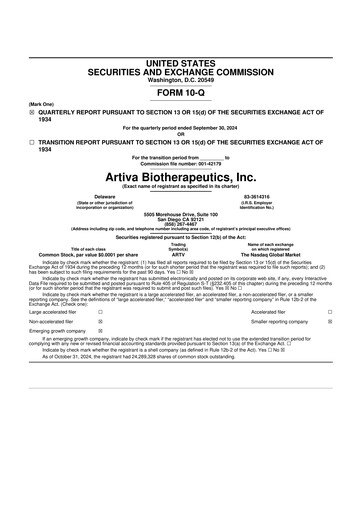 Thumbnail Artiva Biotherapeutics 10-Q Quarterly Report FY2024 