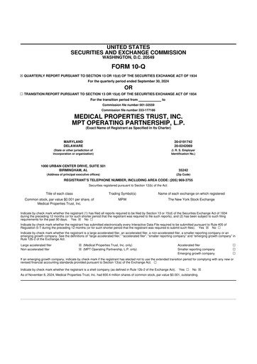 Thumbnail Medical Properties Trust
 10-Q Quarterly Report FY 