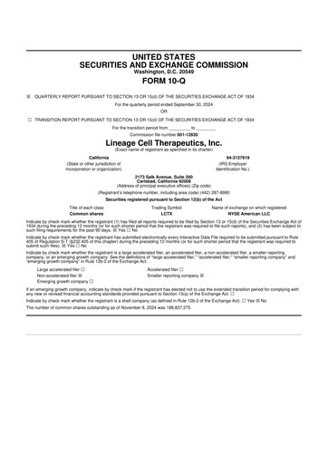Thumbnail Lineage Cell Therapeutics
 10-Q Quarterly Report FY2024 