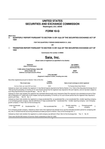 Thumbnail Saia
 10-Q Quarterly Report FY2025 