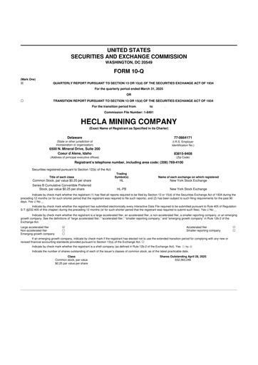 Miniature Hecla Mining
 10-Q Rapport trimestriel 2025 
