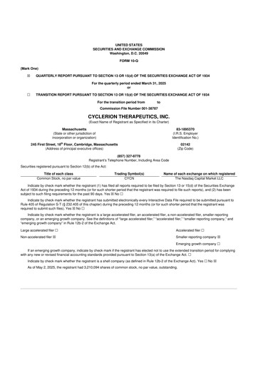 Miniature Cyclerion Therapeutics
 10-Q Rapport trimestriel 2025 