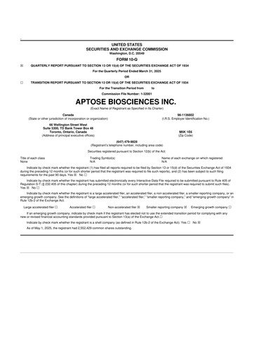 Thumbnail Aptose Biosciences 10-Q Quarterly Report FY2025 