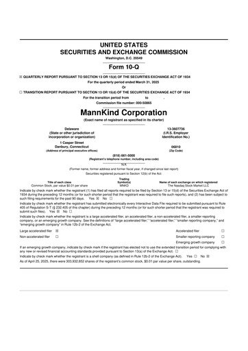 Thumbnail MannKind Corp 10-Q Quarterly Report FY2025 