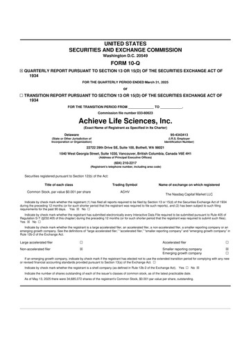 Thumbnail Achieve Life Sciences
 10-Q Quarterly Report FY2025 