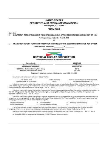 Miniature Universal Display Corporation
 10-Q Rapport trimestriel 2025 