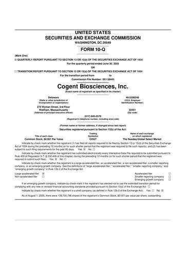 Miniature Cogent Biosciences 10-Q Rapport trimestriel 2025 