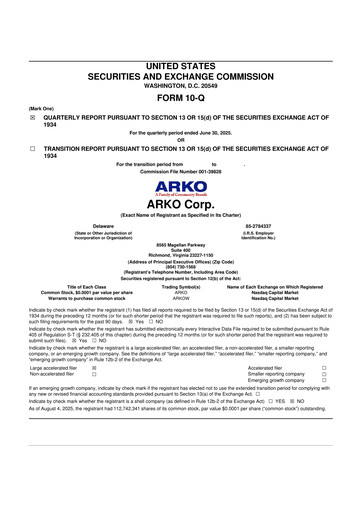 Miniature ARKO Corp. 10-Q Rapport trimestriel 2025 