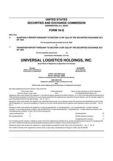 Thumbnail Universal Logistics Holdings 10-Q Quarterly Report FY2025 