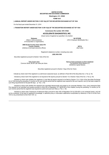 Thumbnail Accelerate Diagnostics 10-K Annual Report 2014