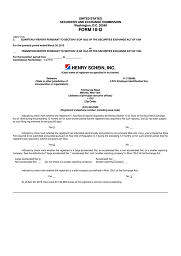 Thumbnail Henry Schein
 10-Q Quarterly Report FY2013 