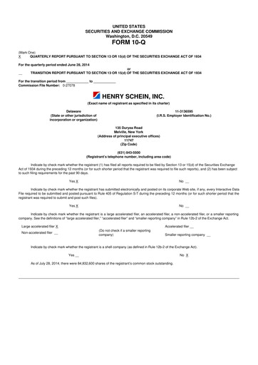 Thumbnail Henry Schein
 10-Q Quarterly Report FY2014 