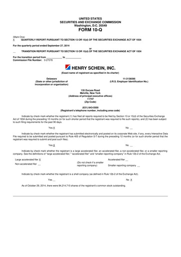 Thumbnail Henry Schein
 10-Q Quarterly Report FY2014 