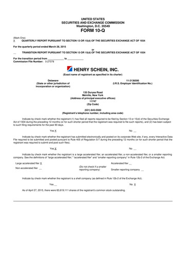 Thumbnail Henry Schein
 10-Q Quarterly Report FY2015 