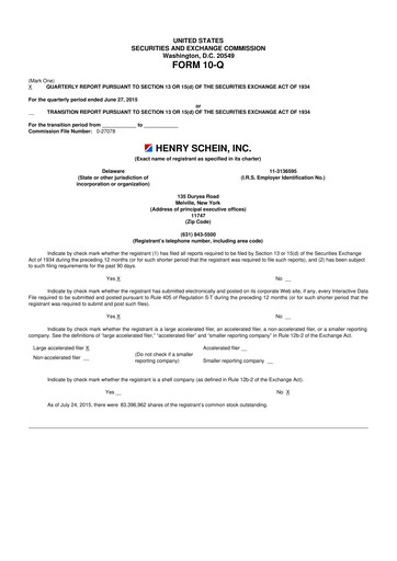 Thumbnail Henry Schein
 10-Q Quarterly Report FY2015 