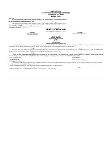 Thumbnail Henry Schein
 10-Q Quarterly Report FY2018 