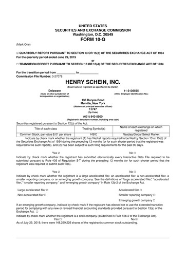 Thumbnail Henry Schein
 10-Q Quarterly Report FY2019 