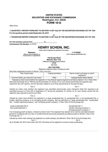 Thumbnail Henry Schein
 10-Q Quarterly Report FY2019 