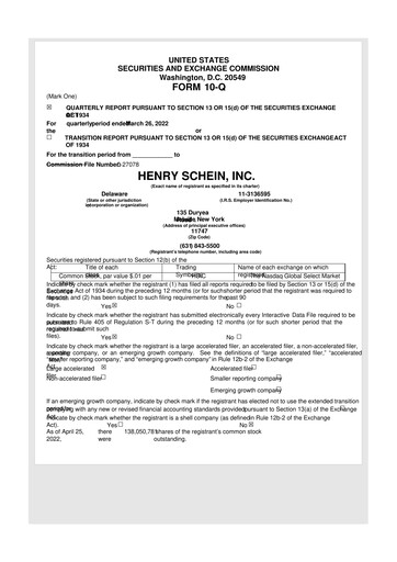 Thumbnail Henry Schein
 10-Q Quarterly Report FY2022 