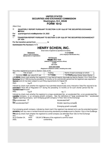 Thumbnail Henry Schein
 10-Q Quarterly Report FY2022 