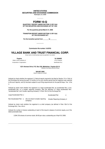 Thumbnail Village Bank and Trust Financial 10-Q Quarterly Report FY 