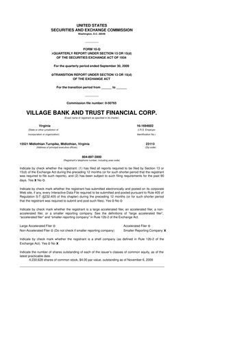 Thumbnail Village Bank and Trust Financial 10-Q Quarterly Report FY 