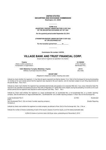 Thumbnail Village Bank and Trust Financial 10-Q Quarterly Report FY 
