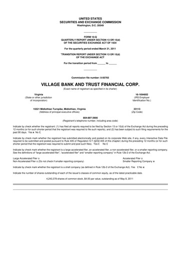 Thumbnail Village Bank and Trust Financial 10-Q Quarterly Report FY 