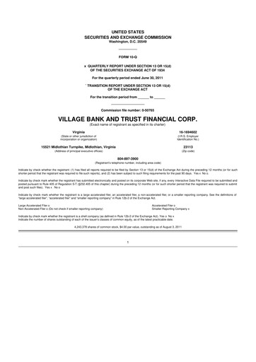 Thumbnail Village Bank and Trust Financial 10-Q Quarterly Report FY2011 