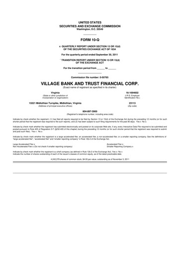 Thumbnail Village Bank and Trust Financial 10-Q Quarterly Report FY2011 