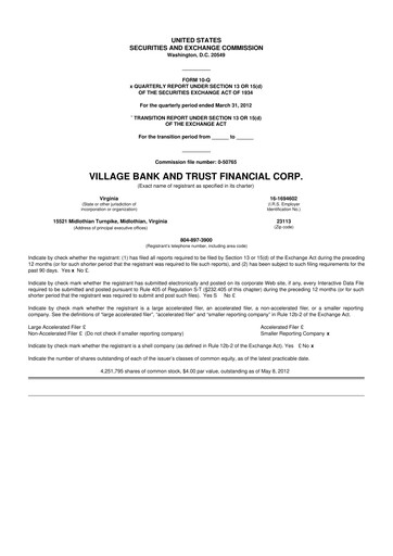 Thumbnail Village Bank and Trust Financial 10-Q Quarterly Report FY2012 