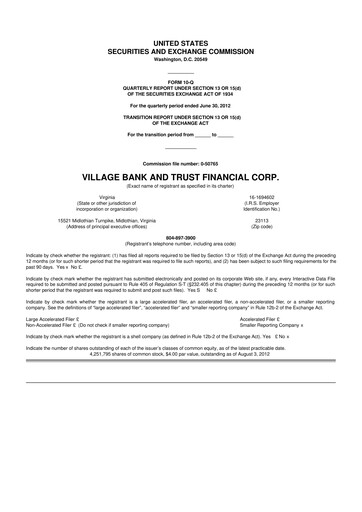 Thumbnail Village Bank and Trust Financial 10-Q Quarterly Report FY2012 