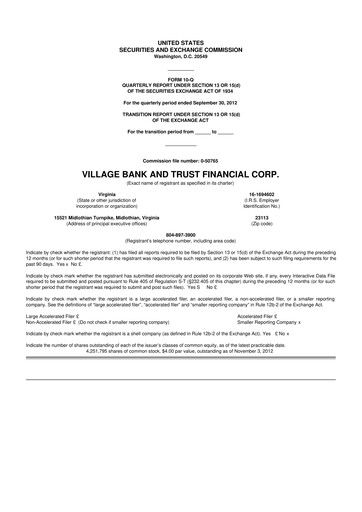 Thumbnail Village Bank and Trust Financial 10-Q Quarterly Report FY2012 