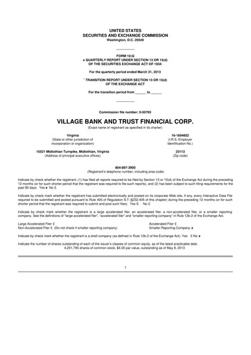 Thumbnail Village Bank and Trust Financial 10-Q Quarterly Report FY2013 