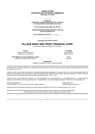 Thumbnail Village Bank and Trust Financial 10-Q Quarterly Report FY2013 
