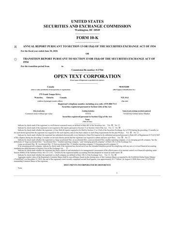 Thumbnail OpenText 10-K Annual Report 2020